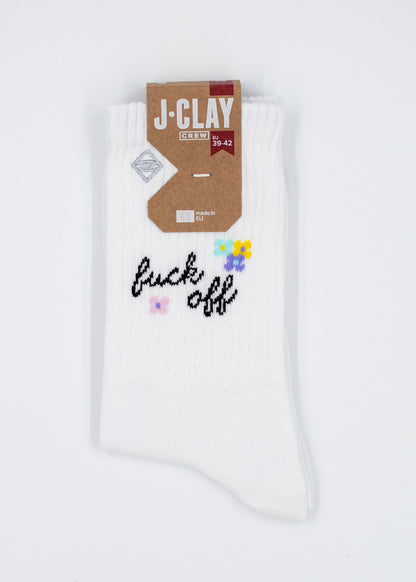 J.Clay „Fuck Off“-Tennissocken: Weiß mit Blumen und Spruch, stilvoll verpackt.