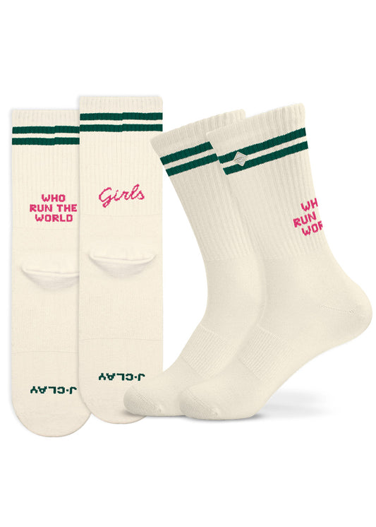 J.Clay „Who Run the World“ – weiße Socken mit grünen Streifen und rosa Schriftzug für Mädchen.