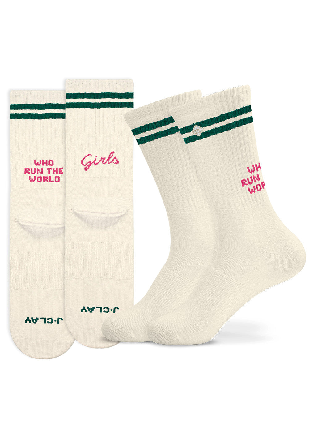 J.Clay „Who Run the World“ – weiße Socken mit grünen Streifen und rosa Schriftzug für Mädchen.