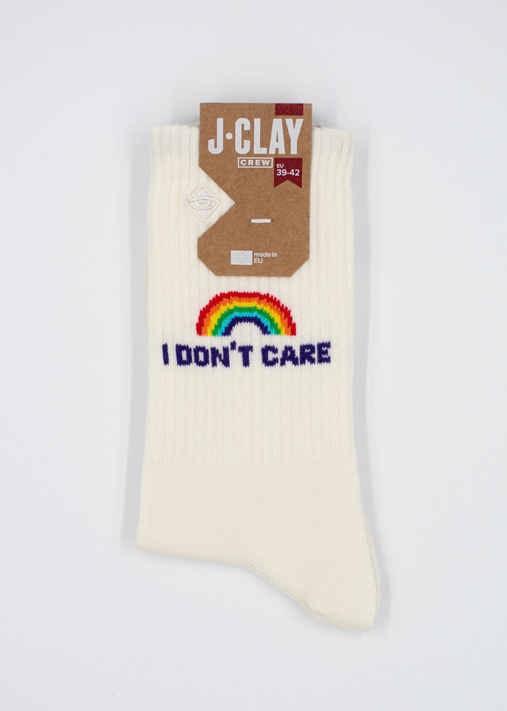 Ist mir egal – Tennissocken von J.Clay, cremefarben, Regenbogen-Motiv, neu in der Verpackung.