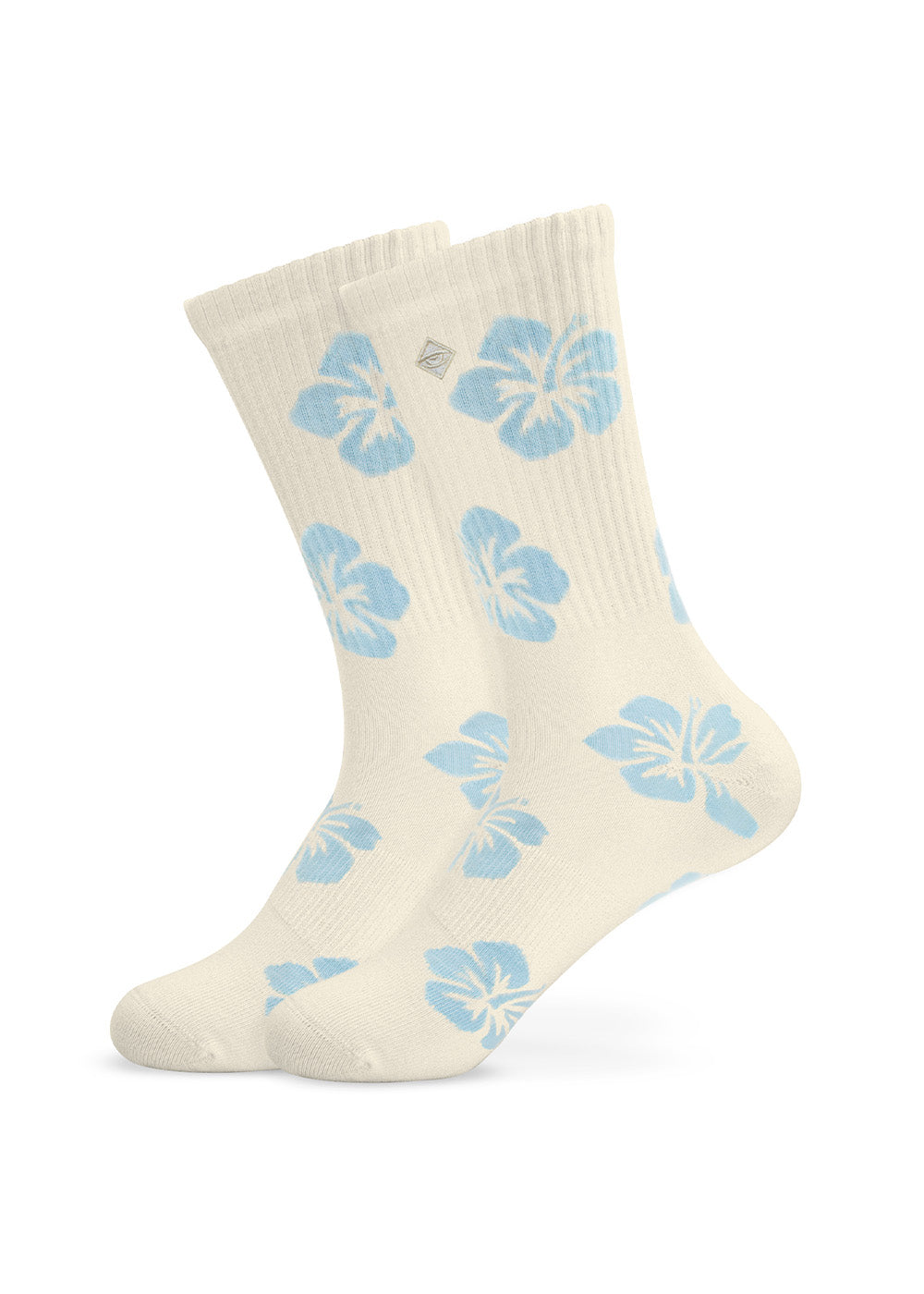 J.Clay Hibiscus Flower Socken: cremefarben mit hellblauem Hibiskusmuster, aufrecht stehend auf weiß.