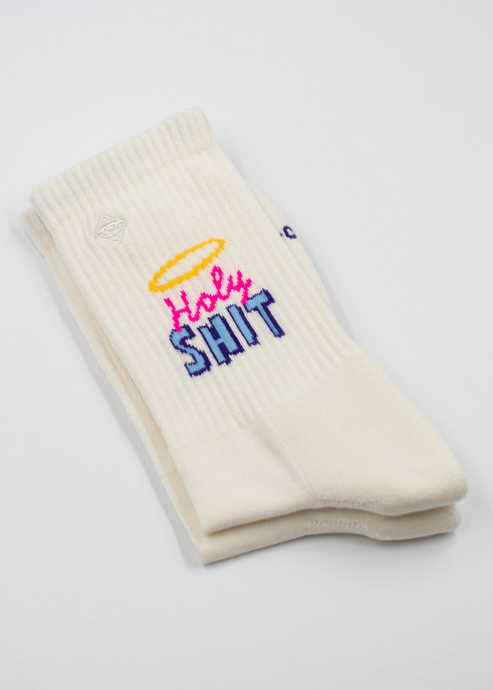 Off-White Holy Shit – Weihnachtssocken mit einem gelben Heiligenschein über dem rosa-blauen Schriftzug Holy SHIT.