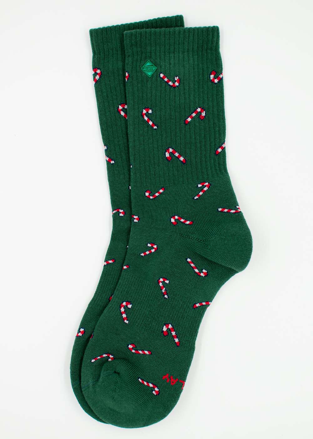 Dunkelgrüne J.Clay Candy Cane – Weihnachtssocken mit einem sich wiederholenden Zuckerstangenmuster.