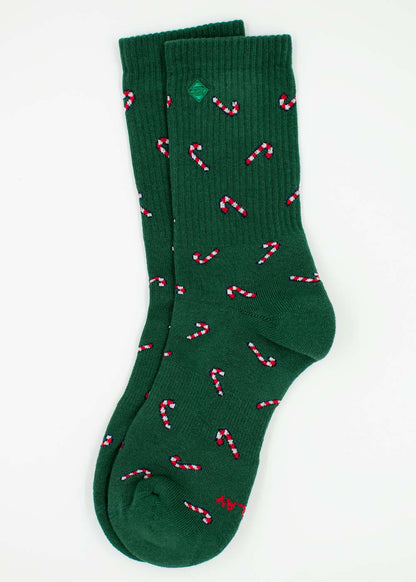 Dunkelgrüne J.Clay Candy Cane – Weihnachtssocken mit einem sich wiederholenden Zuckerstangenmuster.