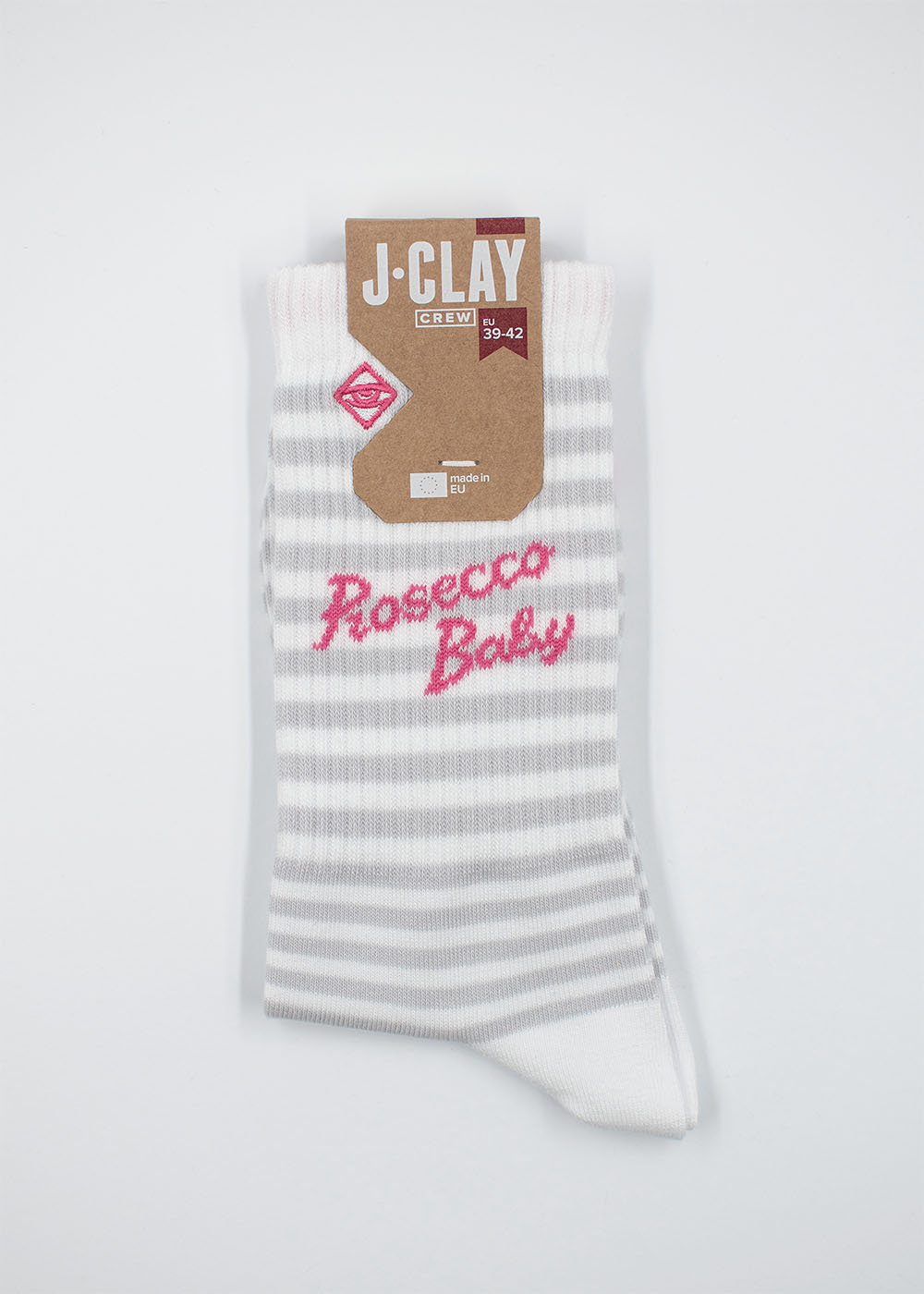 Weiß-grau gestreifte J.Clay-Socken im Retrolook mit "Prosecco Baby" in rosa Schrift.