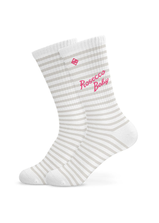 J.Clay Prosecco Baby weiß und grau gestreifte Socken mit rosa Seitenaufdruck.