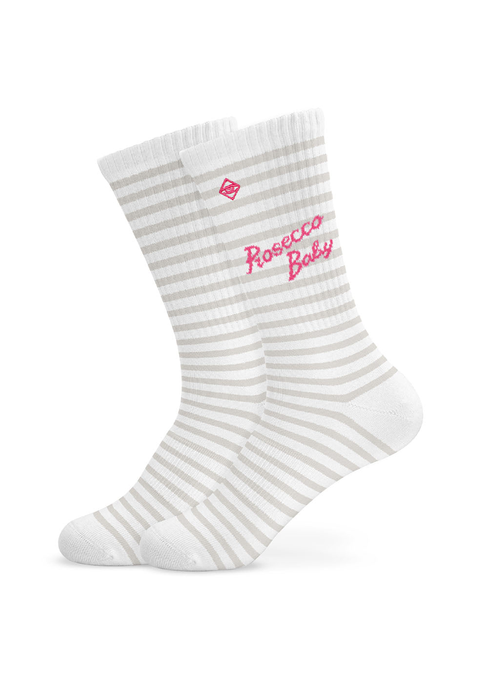 J.Clay Prosecco Baby weiß und grau gestreifte Socken mit rosa Seitenaufdruck.