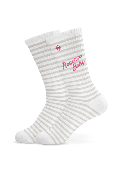 J.Clay Prosecco Baby weiß und grau gestreifte Socken mit rosa Seitenaufdruck.