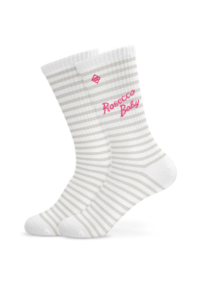 J.Clay Prosecco Baby weiß und grau gestreifte Socken mit rosa Seitenaufdruck.