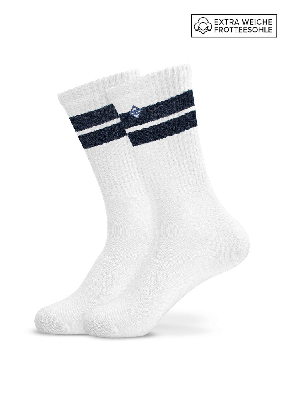 J.Clay True Snow Denim Tennissocken: weiß, schwarze Streifen, Logo, gepolsterte Sohle.