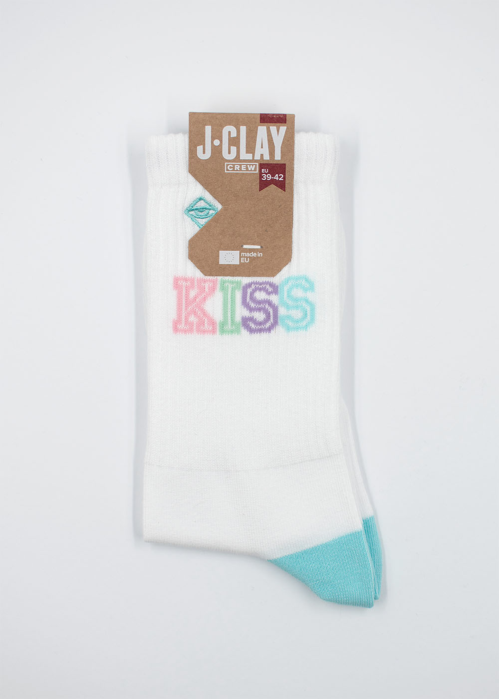 Weiße Crew Kiss Socken mit bunten Buchstaben, blaue Details - Premium von J.Clay.