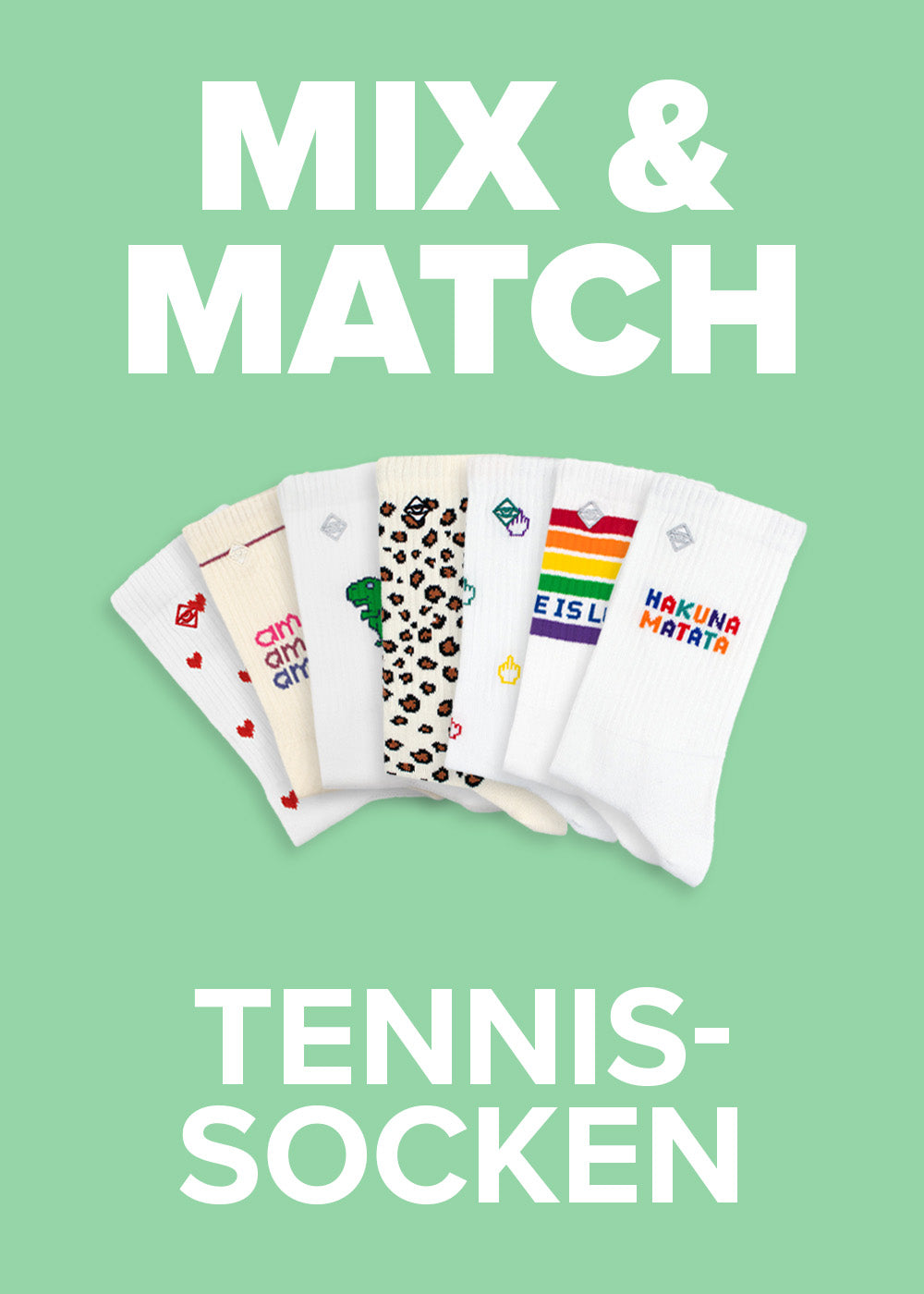 Sechs J.Clay MIX  MATCH-Tennissocken in bunten Mustern auf grünem Hintergrund, Aufdruck: Mix  Match.