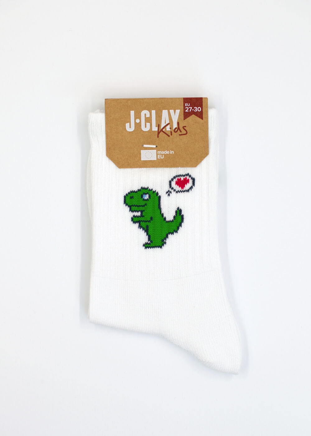 Weiße Kindersocke mit grünem Dinosaurier und Herz - Dino Love - Kids von J.Clay.