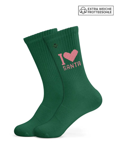 J.Clay „I Love Santa“ – Dunkelgrüne Socken mit rosa Schriftzug, extraweiche Sohle – das ideale Weihnachtsgeschenk.