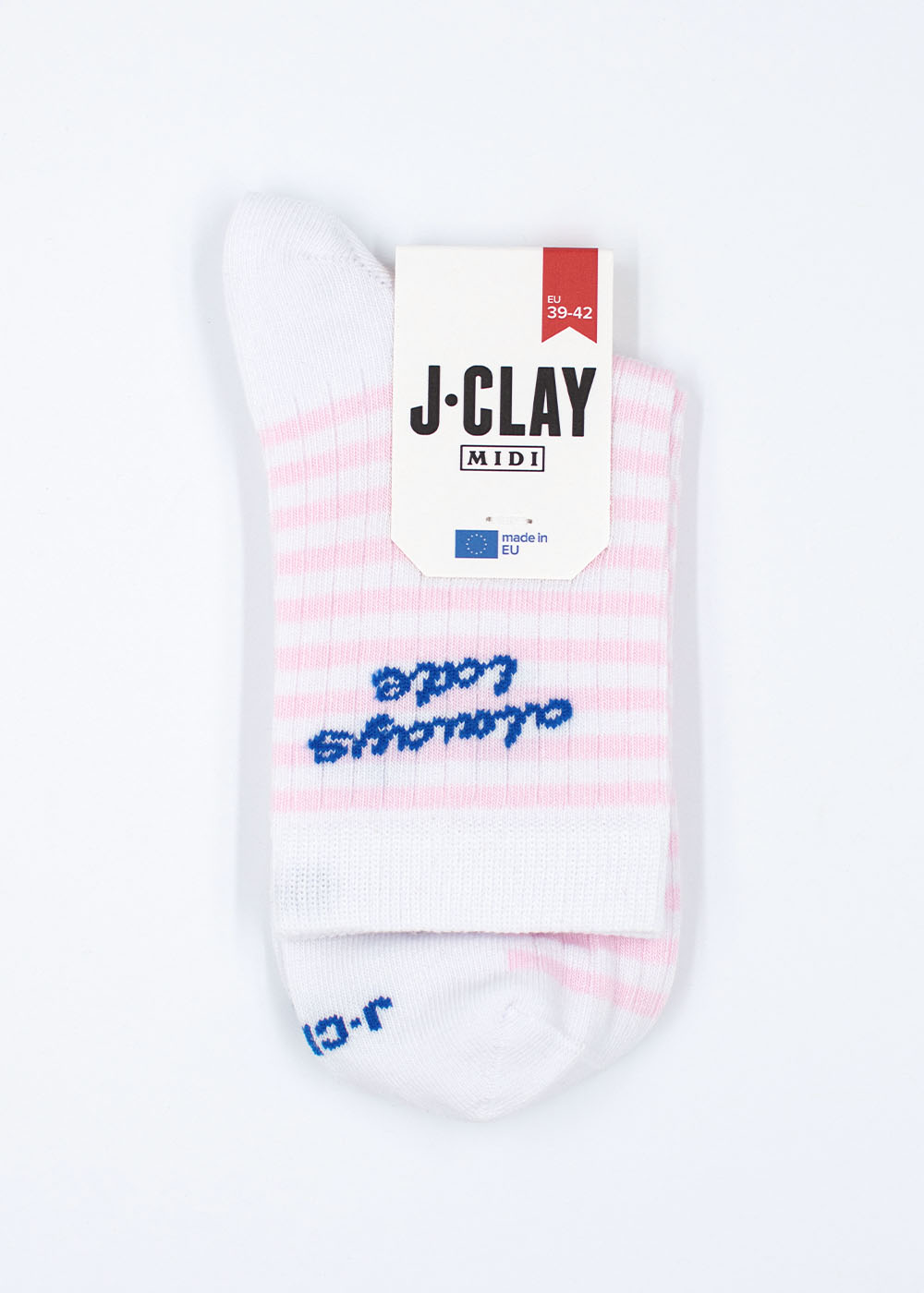 Weiß-rosa gestreifte „always late – Midi“-Socken von J.Clay mit Etikett am oberen Rand.