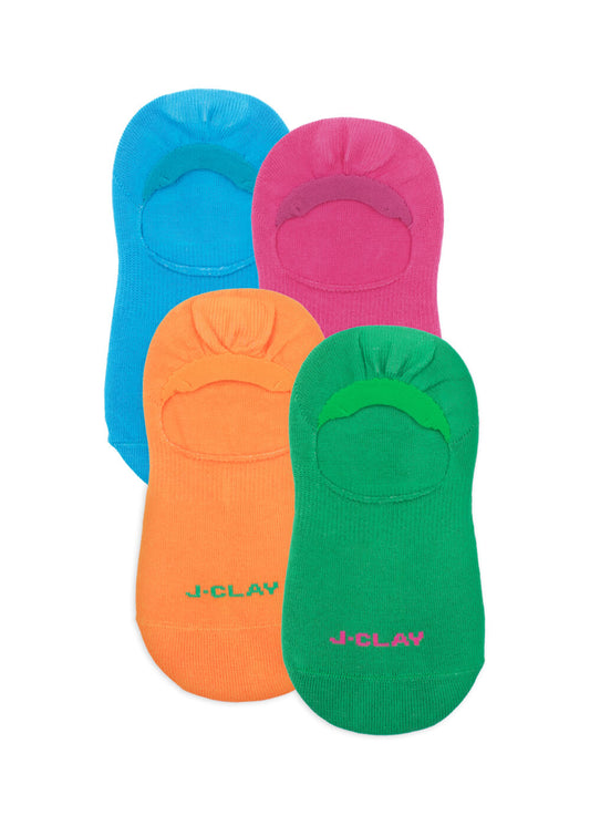 Vier Paar unsichtbare J.Clay Füßlinge in leuchtendem Blau, Pink, Orange und Grün überlappen sich. Jede Socke zeigt das J.Clay-Logo in der Nähe der Zehen-Füßlinge die nicht rutschen für ganztägigen Komfort. - Füßlinge