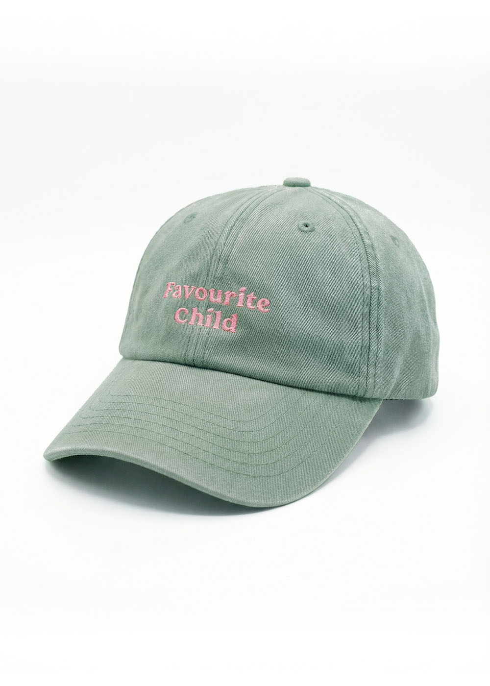 J.Clay Favourite Child Cap: Salbeigrün mit rosa Stickerei "Favourite Child" auf der Vorderseite.