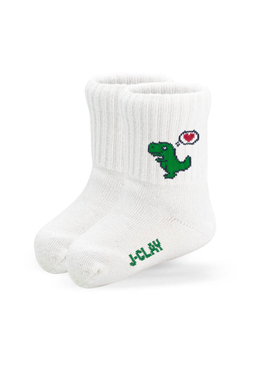 Ein Paar weiße gerippte Socken von J.Clay mit einem grünen Dinosaurier mit einer roten Herz-Sprechblase an der Seite und "J-CLAY" in Grün an der Sohle. - Produkte