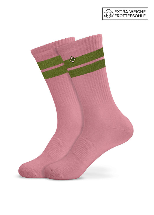 J.Clay True Rose Olive Tennissocken: rosa, 2 grüne Streifen, besonders weiche Frottee-Sohle.