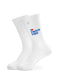 Ein Paar weiße J.Clay Tennissocken mit dem Aufdruck "I ♥ FRENCH FRIES" in Blau und Rot am Knöchel.