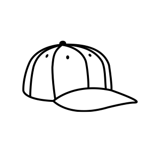 Einfache schwarz-weiße Strichzeichnung einer Baseballmütze mit gebogenem Schirm und einem Knopf auf der Oberseite.