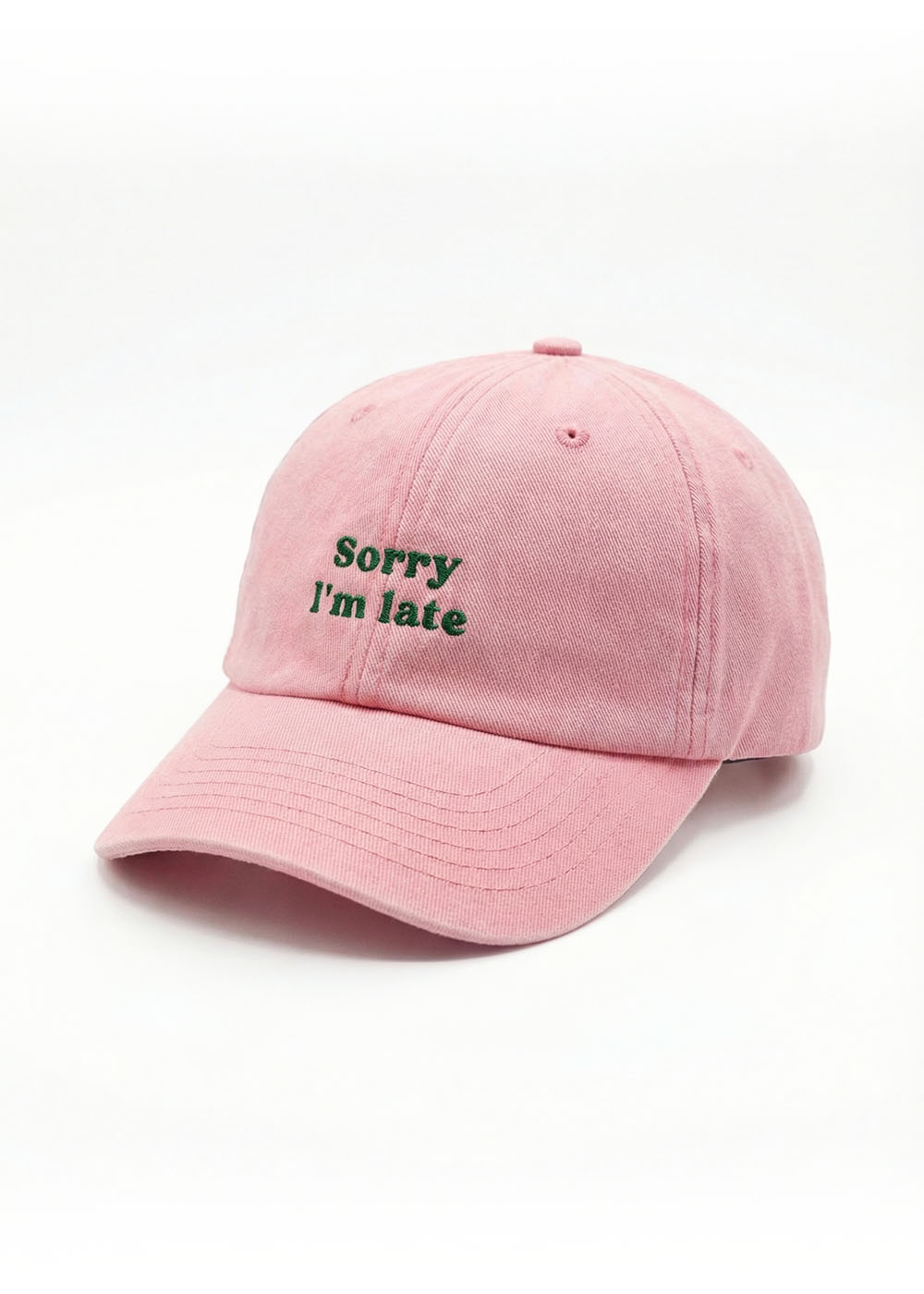 J.Clay Sorry I'm late Kids Cap in Rosa mit salbeigrüner Stickerei.