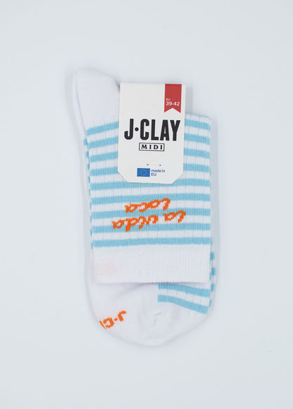 La vida loca – Midikniestrümpfe mit blauen Streifen von J.Clay, Größe 39–42, hergestellt in Europa.