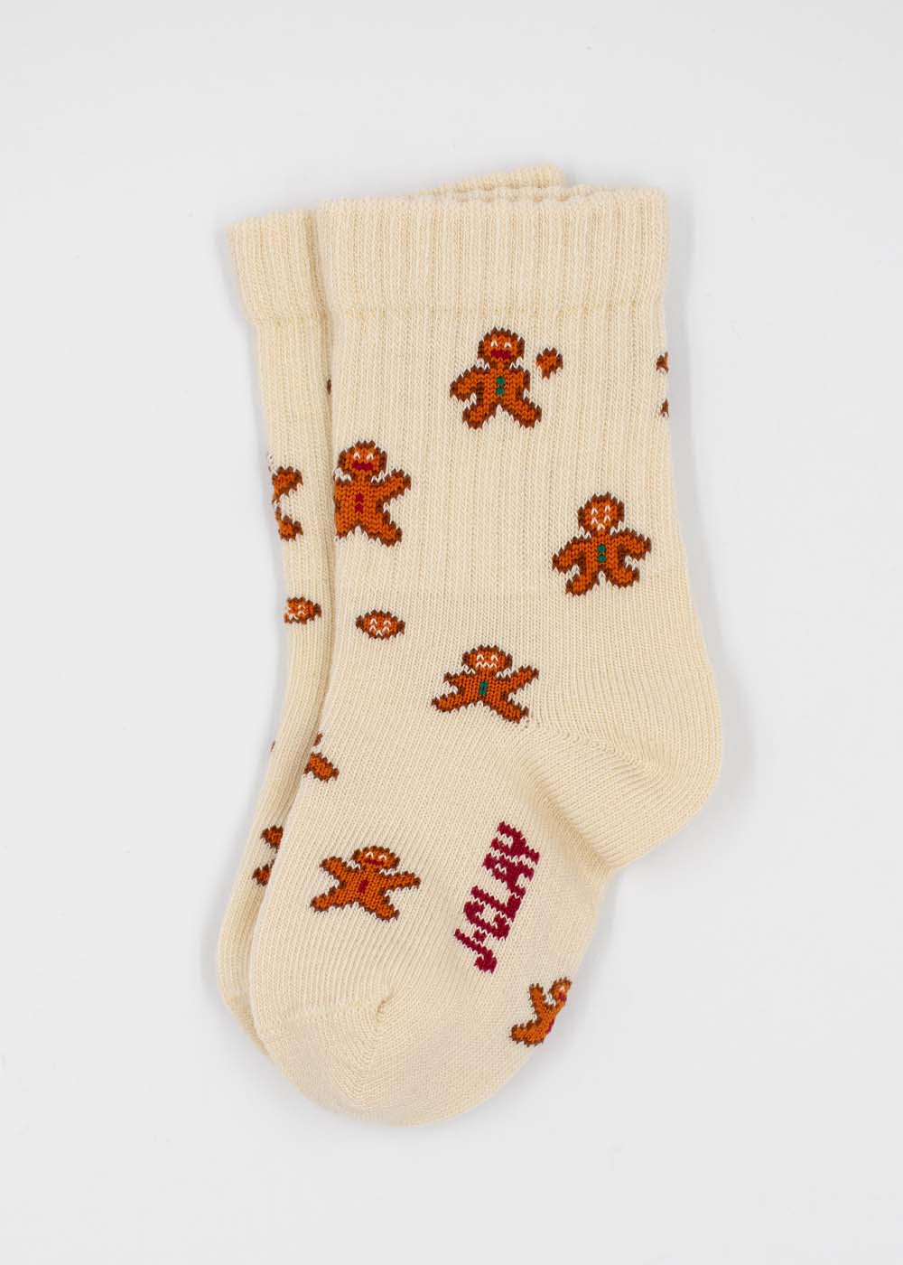 Cremefarbene Socken mit Lebkuchenmann-Motiv – Familienpackung für festliche, aufeinander abgestimmte Outfits.