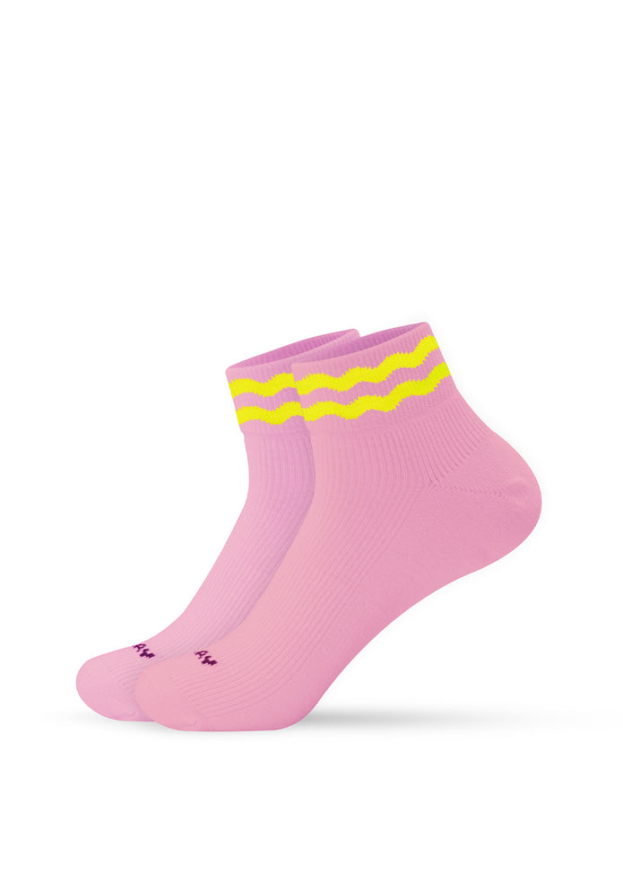 J.Clay Neon Wave - Sneaker Socken High in rosa mit gelben Streifen auf weißem Grund.