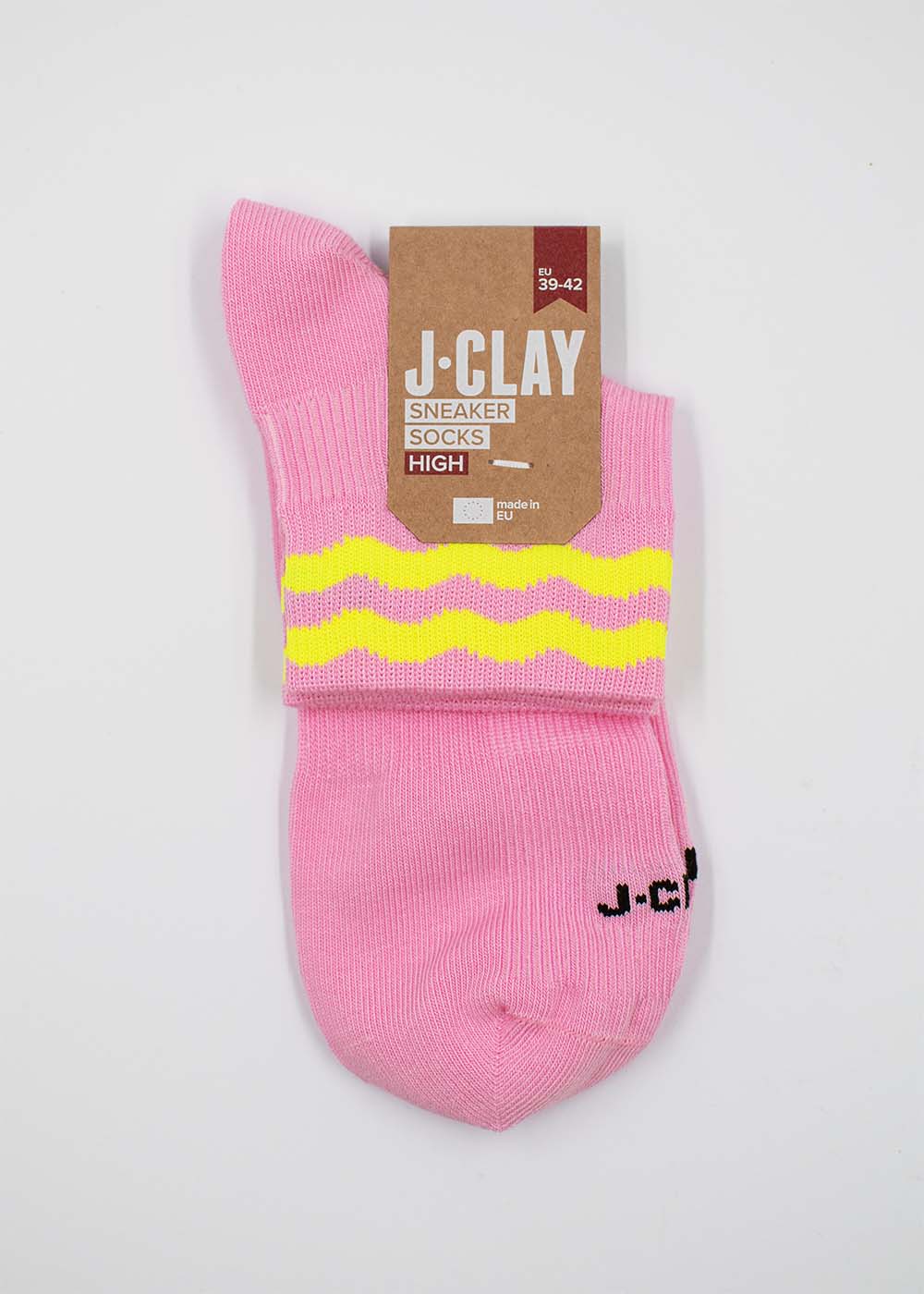 J.Clay Neon Wave Sneaker Socken High in rosa mit gelben Streifen, braunes Etikett auf der Oberseite.