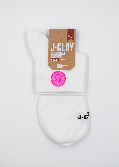 J.Clay Neon Smile Sneaker Socken High mit pinkem Smiley und braunem Label - stylisch  bequem.
