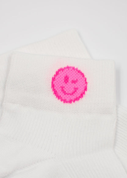 J.Clay Neon Smile - Sneaker Socken High: stylische weiße Socken mit neonpinkem Smiley.