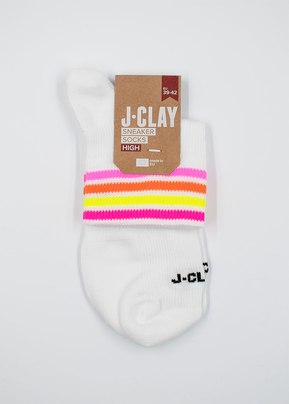 J.Clay Multi Stripes Neon Sneaker Socken High mit rosa, orange und gelben Streifen.