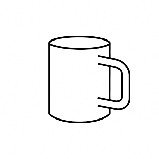 Eine einfache schwarze Umrisszeichnung eines Kaffeebechers mit einem Henkel auf der rechten Seite, vor einem schlichten weißen Hintergrund.