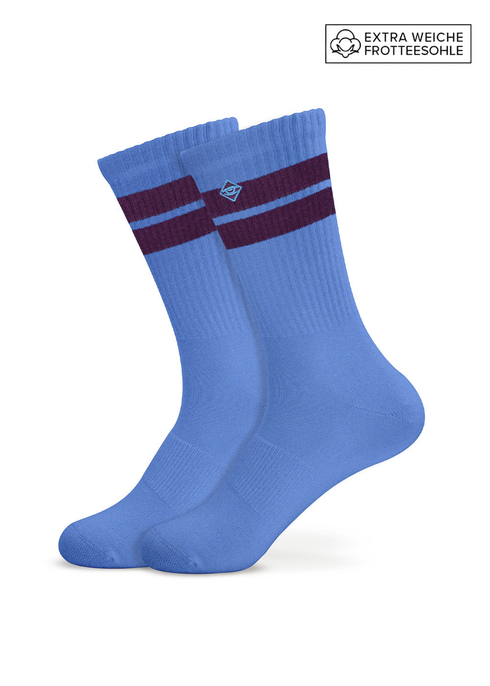 J.Clay True Sky Grape Tennissocken: Blau mit zwei violetten Streifen und einem kleinen Logo oben.