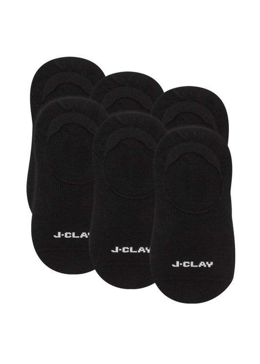 Sechs Paar schwarze No-Show-Socken von J.Clay in zwei Reihen angeordnet, jeweils mit weißem Schriftzug "J-CLAY" im Zehenbereich. Diese rutschfesten, unsichtbaren Socken bieten sicheren Halt und bleiben diskret im Schuh.