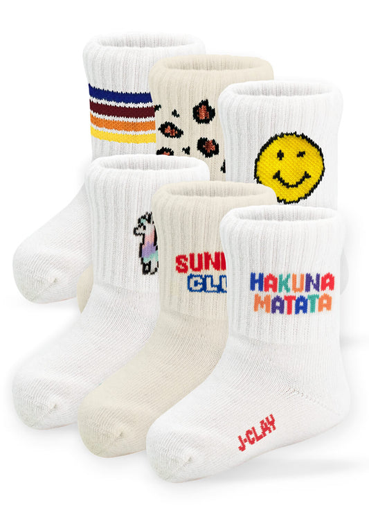 Sechs Paar farbenfrohe J.Clay Kinder Socken (0-4 Jahre) mit einzigartigen Designs: Streifen, Leopardenflecken, Smileys, Regenbogenschaf, "SUNDAY CLUB" und "HAKUNA MATATA" mit "J-Clay" auf der Spitze - die perfekten Baby Socken für kleine Füße!.