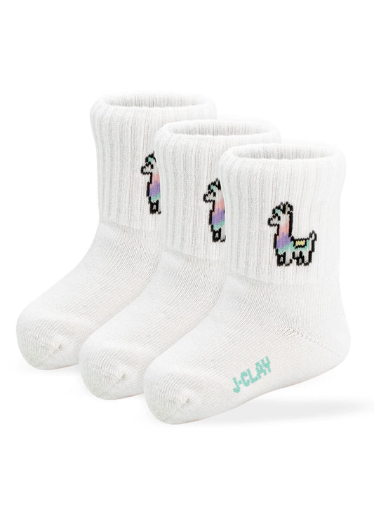 Drei Paar weiße gerippte J.Clay-Babysocken mit Cartoon-Lama und Regenbogenbündchen, ideal für Kinder von 0-4 Jahren. Auf der Sohle steht "J*CLAY" in hellem Grün.